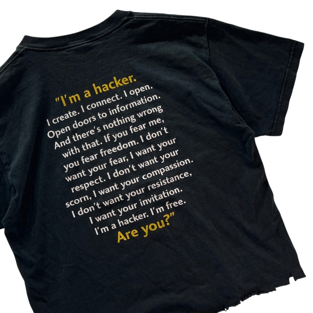 VTG 90s Covalent Hacker Tech T-Shirt Cropped Quote FOTL Men's L Black Distressed